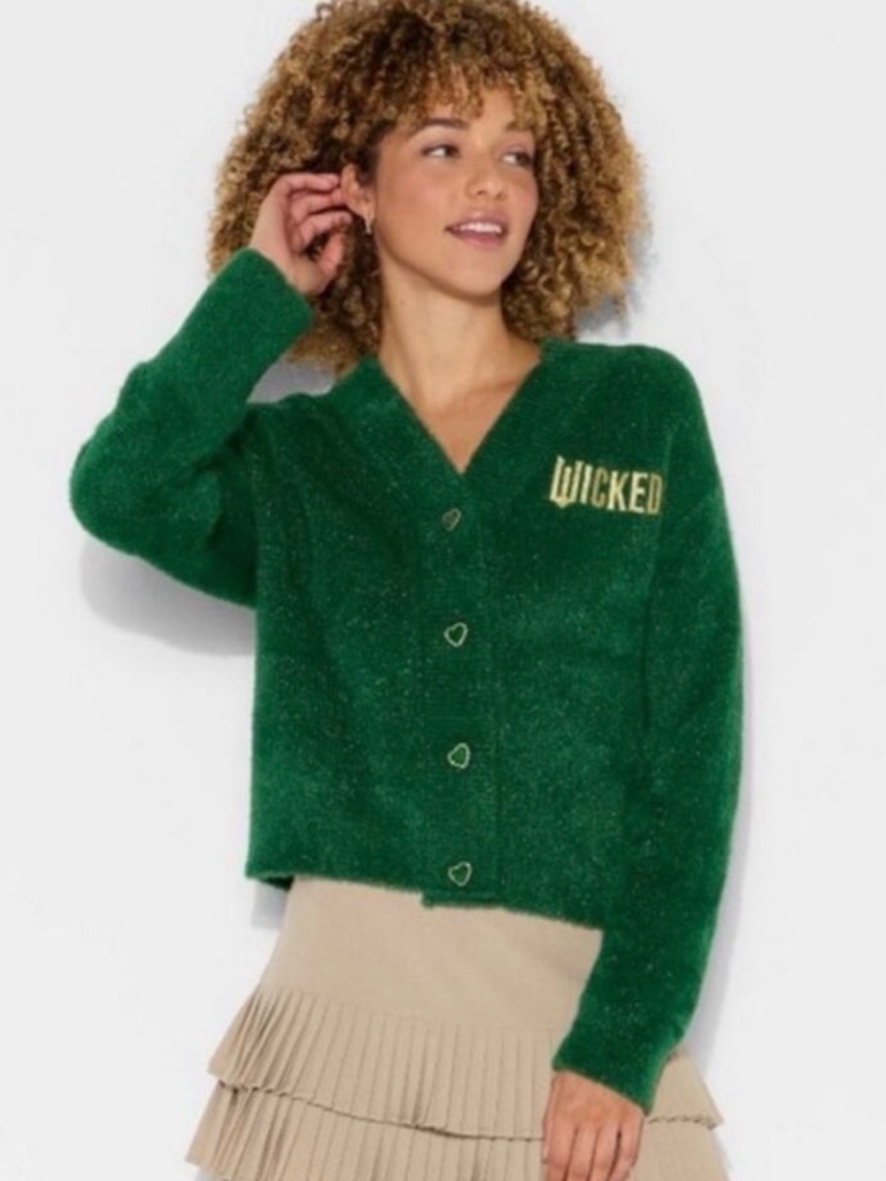 Wicked Embroidered Green V-Neck Cardigan Sweater